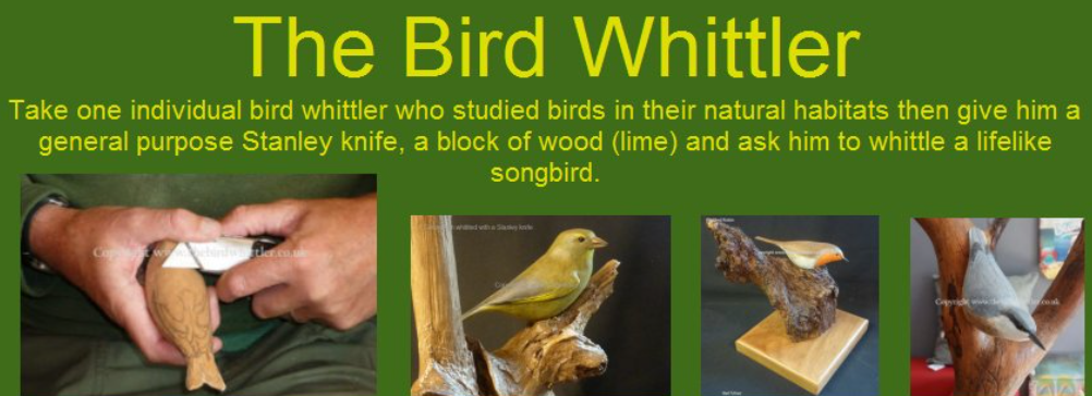 The Bird Whittler watch him whittler a bird. The Bird Whittler watch him whittler a bird.